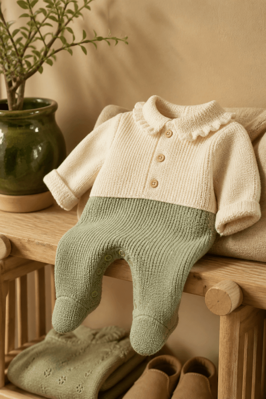 Soft cream and sage baby knitwear displayed in a warm boutique setting