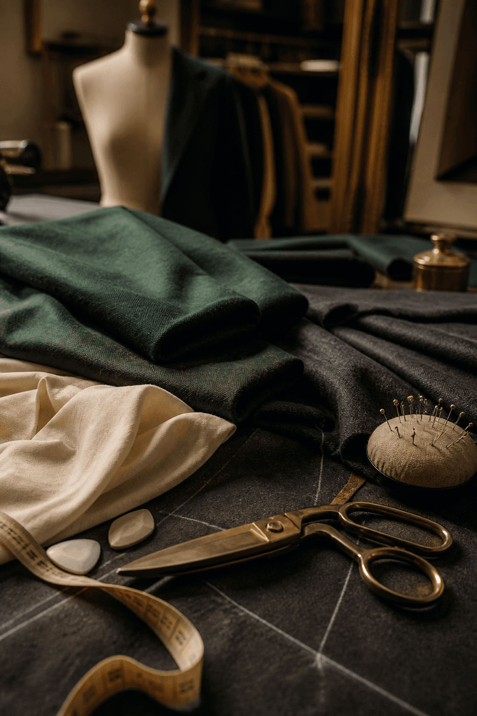 Bespoke fabrics, measuring tape, and gold scissors in the SAMT custom atelier