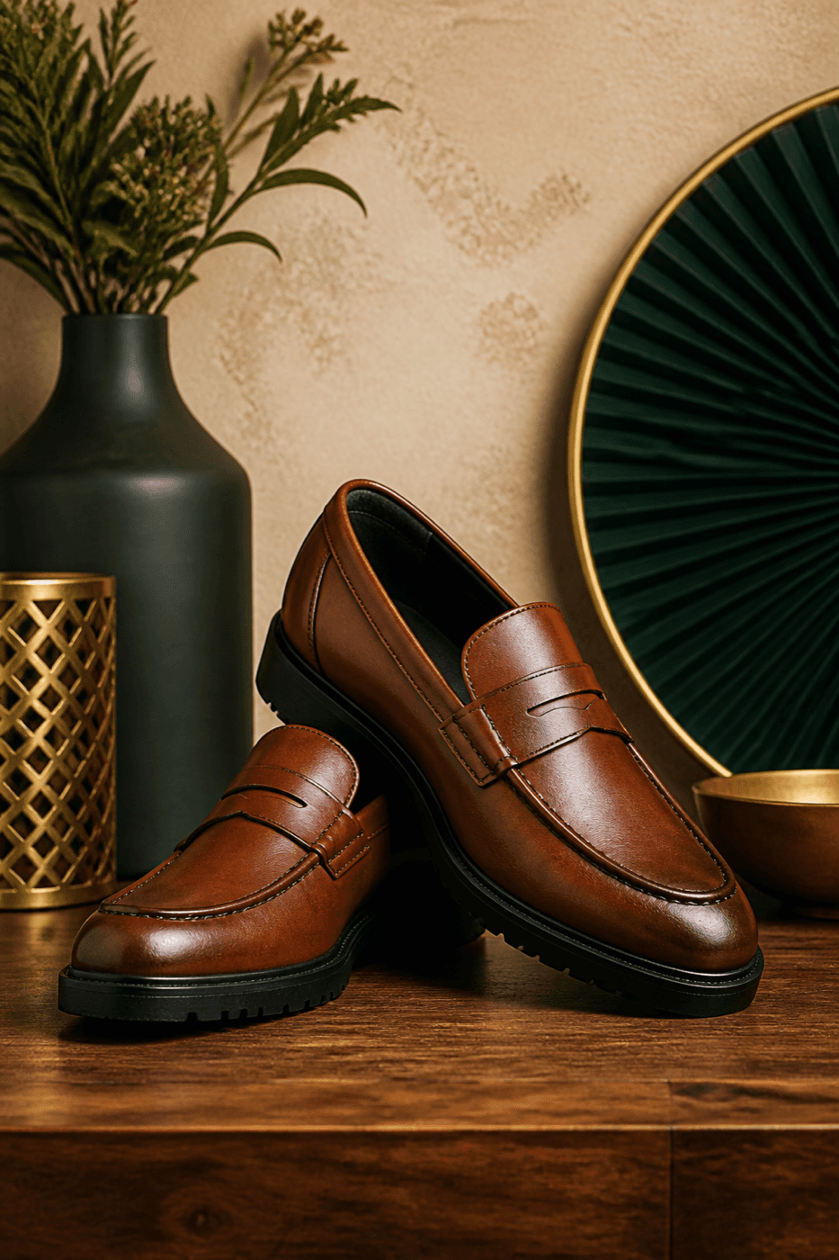 Premium cognac and black leather footwear styled for the SAMT collection