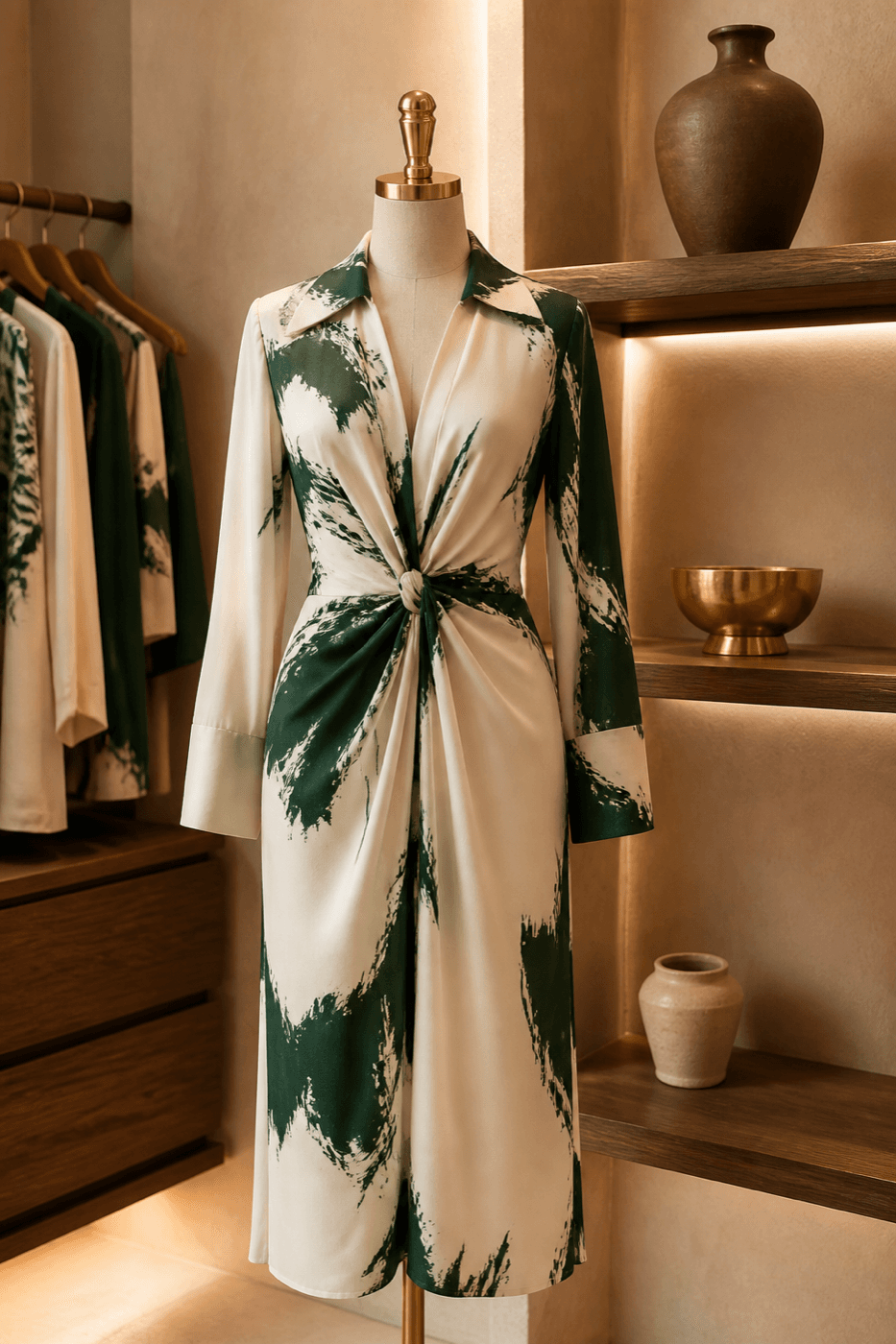 Elegant cream and forest green ladies silk dress in a warm boutique setting